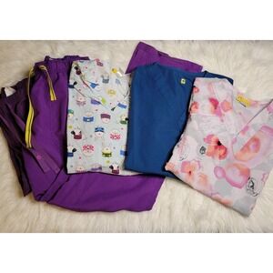 Lot of Wonder Wink Womens Size Small Scrub Tops & Pants Purple, Printed Scrubs